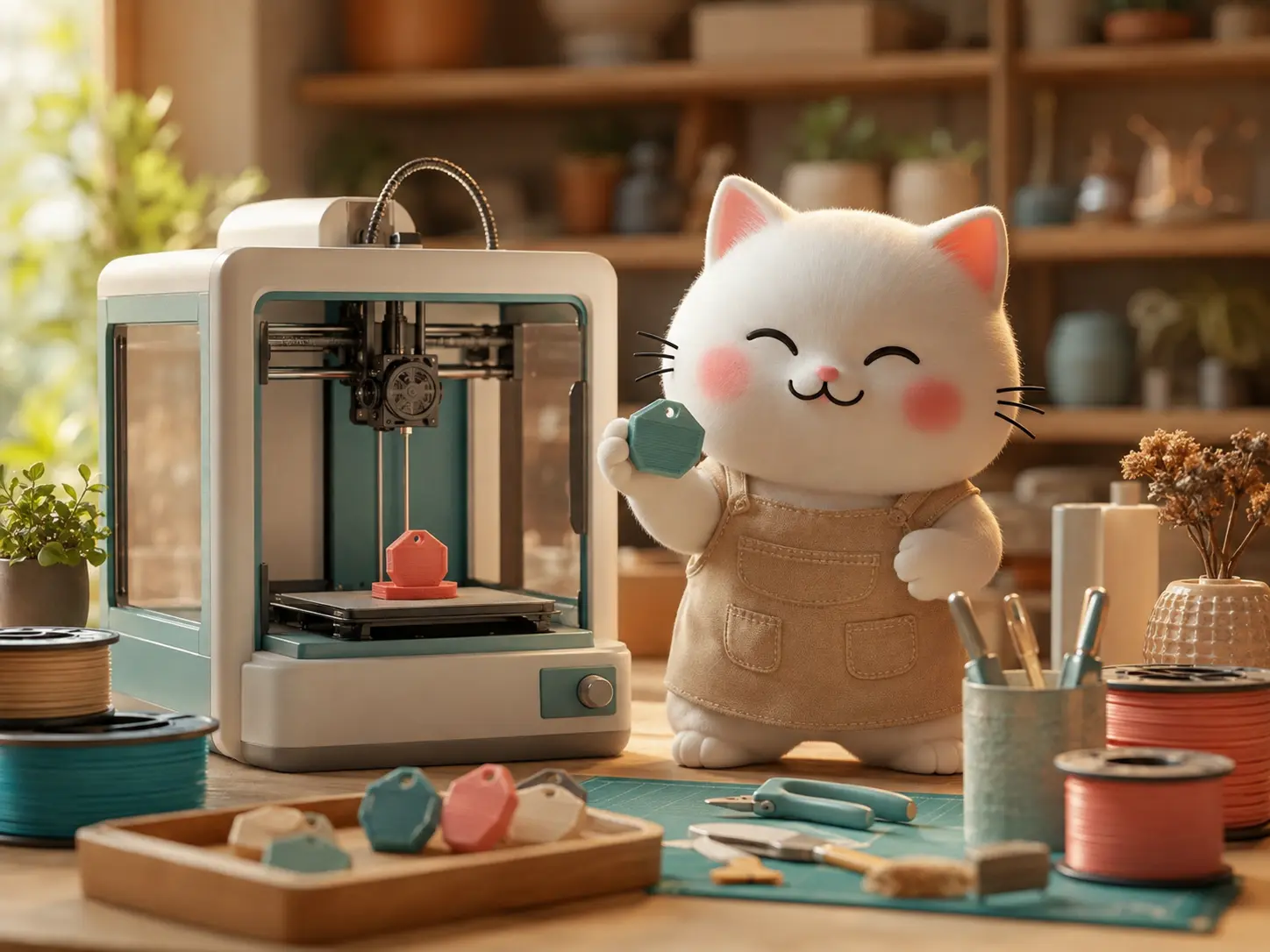 藝老闆貓貓操作 3D 列印機的品牌角色示意圖